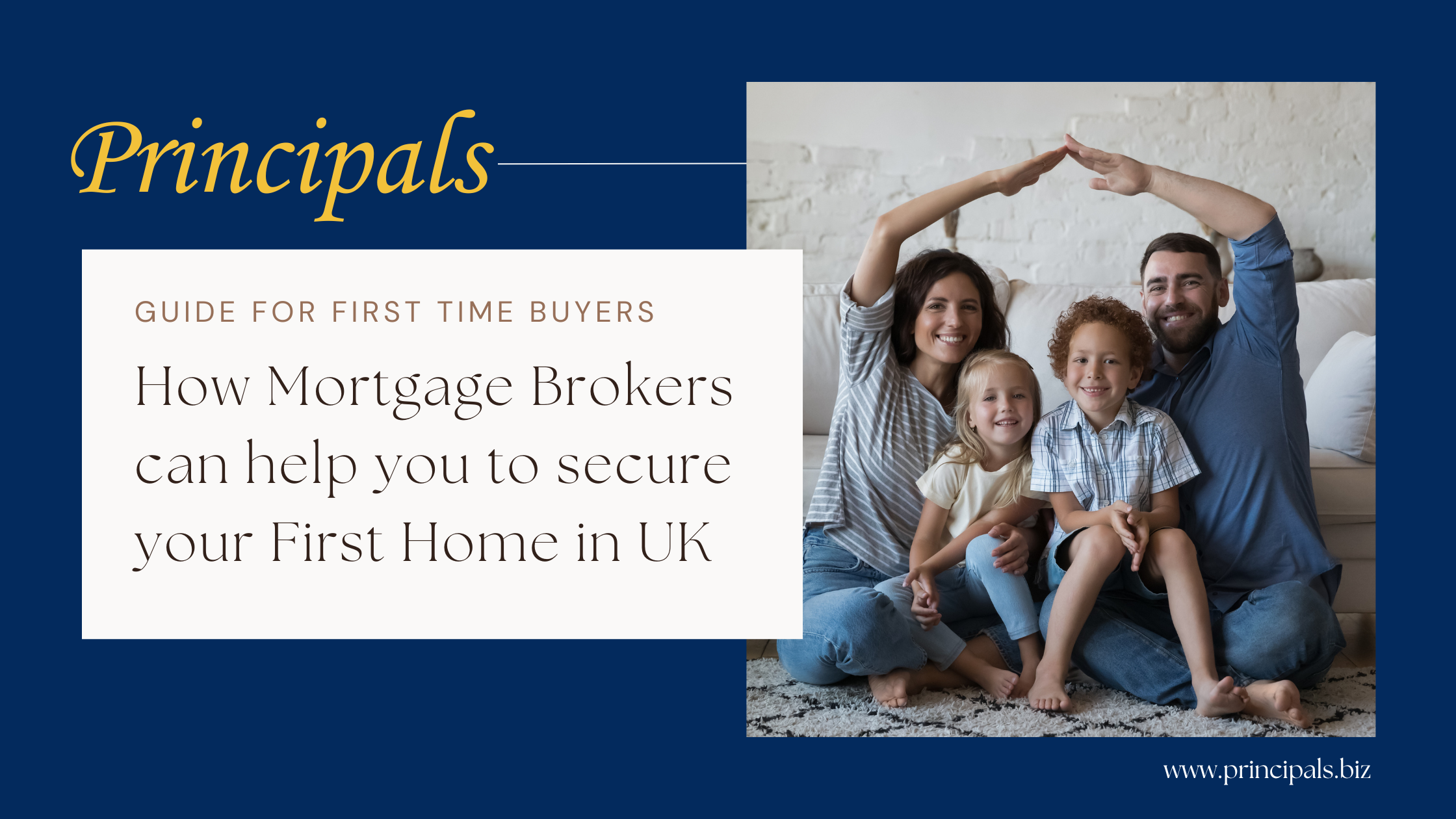 Happy Homeowners, First Home Buyers family, Kids and Parents sit on floor in warm living room, symbol of New Home with hands roof.